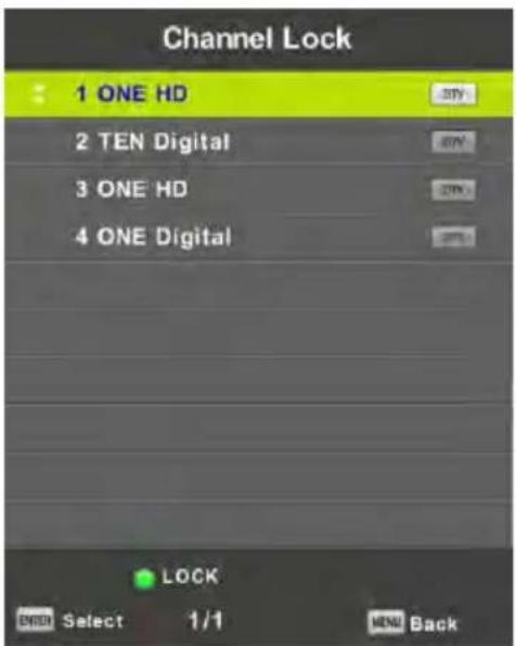 Channel Lock 1 ONE HD 2 TEN Digital 3 ONE HD 4 ONE Digital LOCK OK Select 1/1 MENU Back