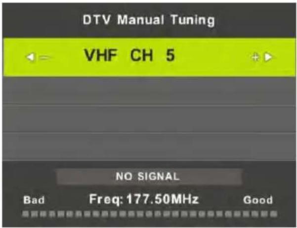 DTV Manual Tuning VHF CH 5 NO SIGNAL Bad Freq: 177.50MHz Good