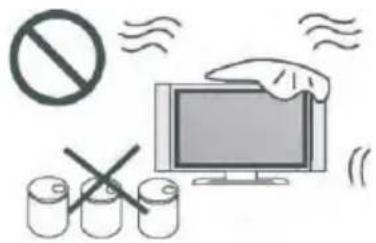 Safety warning illustration showing no prohibition symbol, a monitor with hand gesture, and three broken cylindrical objects below.