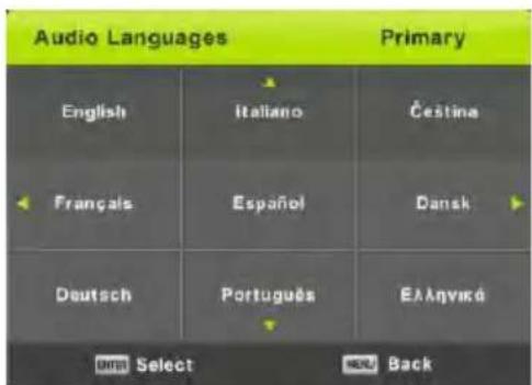 Audio Languages Primary English Italiano Čestina Français Español Dansk Deutsch Português Eλληνικά OK! Select HOTU Back