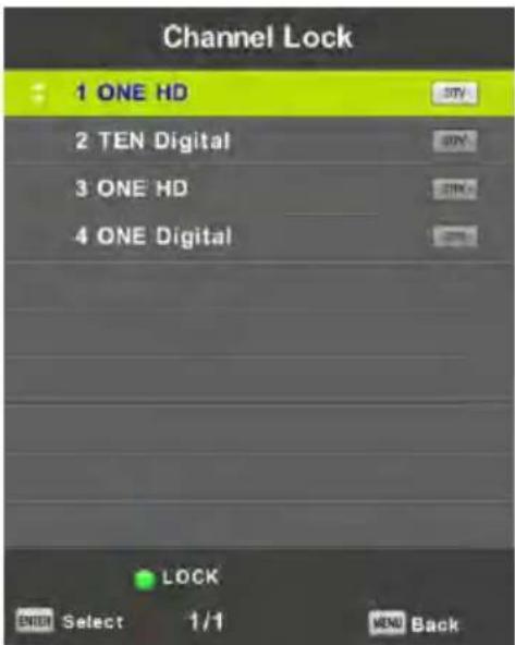 Channel Lock 1 ONE HD 2 TEN Digital 3 ONE HD 4 ONE Digital LOCK ENTER Select 1/1 MENU Back