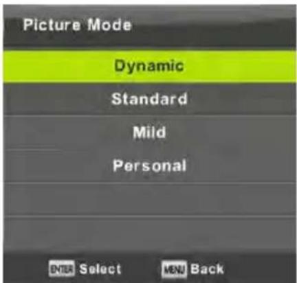 Picture Mode Dynamic Standard Mild Personal ENTER Select MENU Back