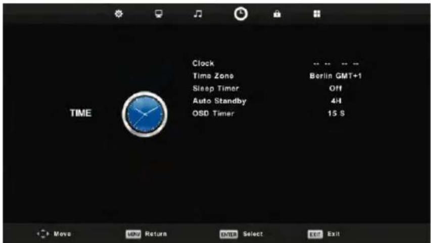 Clock Time Zone Sleep Timer Auto Standby OSD Timer Berlin GMT+1 Off 4H 15 S TIME Move Help Return Enter Select Exit Exit