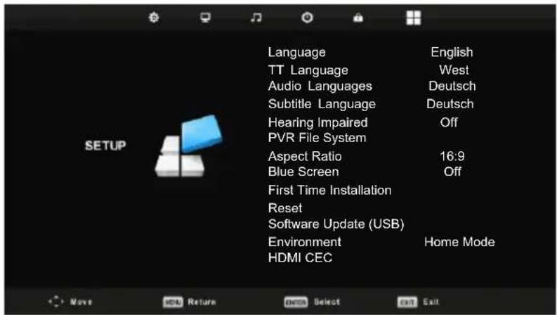 Language TT Language Audio Languages Subtitle Language Hearing Impaired PVR File System Aspect Ratio Blue Screen First Time Installation Reset Software Update (USB) Environment HDMI CEC English West Deutsch Deutsch Off 16:9 Off Home Mode Move Return Select Exit Exit