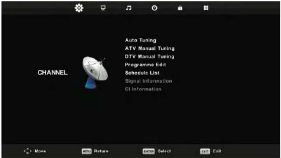 CHANNEL Auto Tuning ATV Manual Tuning DTV Manual Tuning Programme Edit Schedule List Signal Information CI Information