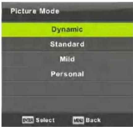 Picture Mode Dynamic Standard Mild Personal ENTER Select MENU Back