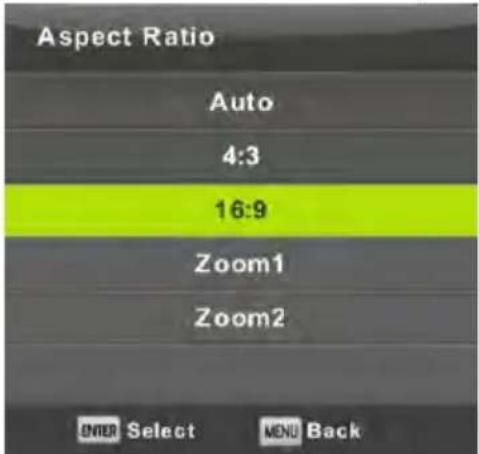 Aspect Ratio Auto 4:3 16:9 Zoom1 Zoom2 ENTER Select MENU Back