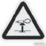 Warning sign depicting a mechanical device with a gear and base, indicating hazard or safety warning.
