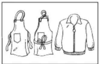 Line drawings of three women's aprons and a jacket, no text or symbols present