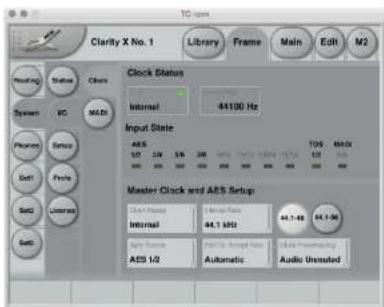 TC 100 Clarity X No. 1 Library Frame Main Edit M2 Reseting Status Clock Sweep VC MALDI Phance Reset Golf Probe Sett License Sett Clock Status Internal 44100 Hz Input State AIS 1/2 2.00 5.00 3.00 TOS 1/2 1.00 0.00 Master Clock and AES Setup Clock Name: Home Press Internal 44.1 kHz 44.1-48 44.1-56 Apply Response: AES 1/2: Static Analog Res. Automatic: Audio Unregulated