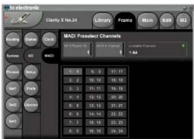 ie electronic Clarity X No.24 Library Frame Main Edit M3 Bowing Status Clock MADI Preselect Channels MAD Puzzo 01 MAD & Duesal Annotic Channels: 1-64 System NO MADI 1: 4 9: 9 17:17 2: 2 10:10 18:18 3: 3 11: 11 19:19 4: 4 12: 12 20: 20 5: 5 13: 13 21: 21 6: 6 14: 14 22: 22 7: 7 18: 18 23: 23 8: 8 18: 18 24: 24