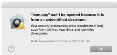 "icon.app" can't be opened because it is from an unidentified developer. Your security preferences allow installation of only apps from the Mac App Store and identified developers. Mail downloaded this file on 2015-03-04.