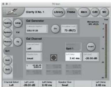 TC Iron Clarity X No. 1 Library Frame Main Edit M2 Starting Setup System Cut Phone Set Set0 Set0 Cal Generator EBU R128 73 dB(C) Cal Channel Left Speaker Size Small Spot 1 Left Delay 2.40 ms Invert -20.00 dB Channel Select Left Left Latency -20.00 dB Left Delay 2.40 ms Speaker Star Small Left Delay 2.40 ms