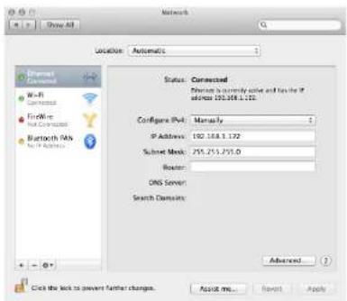 Location: Automatic Status: Connected Ethernet is currently active and has the IP address 192.368.1.172. Configure IPv: Manually IP Address: 192.368.1.172 Submit Mask: 255.255.255.0 Router: DNS Server Search Domain: Advanced Click the lock to prevent further changes. Assist me... Revart Apply