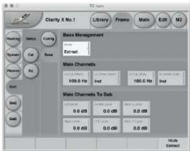 Clarity X No.1 Library Frames Main Edit M2 Reading Setup Config System Cat Base Pharmet Ret Set1 Set2 Set3 Bass Management Base Extract Main Channels Lack (Max) 0.0 dB 100.0 Hz 2nd 100.0 Hz 2nd Main Channels To Sub Lack (Max) 0.0 dB 0.0 dB 0.0 dB Main Channels To Sub Lack (Max) 0.0 dB 0.0 dB 0.0 dB Mode Extract