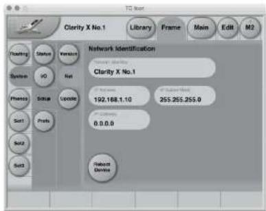 TC Book Clarity X No.1 Library Frame Main Edit M2 Routing Status Version System ID Net Phrases Setup Update Sort1 Prefix Set2 Set3 Network Identification Clarity X No.1 0.0.0.0 0.0.0.0 Pakarack Devices