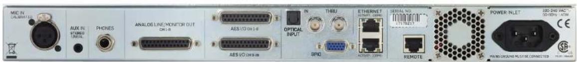 MIC IN CALABETHUS AUX IN ETRONICS POWER PHONES ANALOG LINE/MONITOR OUT CH-1-B AES I/O CH-1-B AES I/O CH-1-B IN THRU ETHERNET TOMATO SERIAL NO. OPTICAL INPUT SPID MACHINE COM REMOTE POWER INLET IBS 240 VAC POWER INLET CE HENSIC ROUND MUST BE CONNECTED