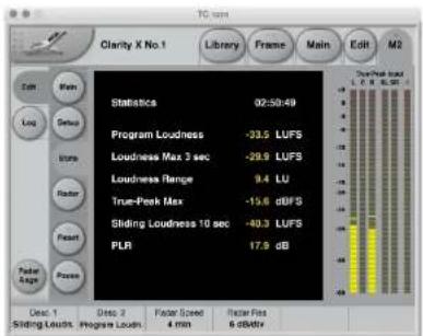 TC system Clarity X No.1 Library Frame Main Edit M2 Edit Main Log Setup Stairs Radar Polar Loops Status Statistics 02:50:49 Program Loudness -33.5 LUFS Loudness Max 3 sec -29.9 LUFS Loudness Range 9.4 LU True-Peak Max -15.6 dBFS Sliding Loudness 10 sec -40.3 LUFS PLR 17.8 dB Disc-1 Sliding Louds Disc-2 Program Louds Faster Speed 4 min Faster Res 6 dB/Hz