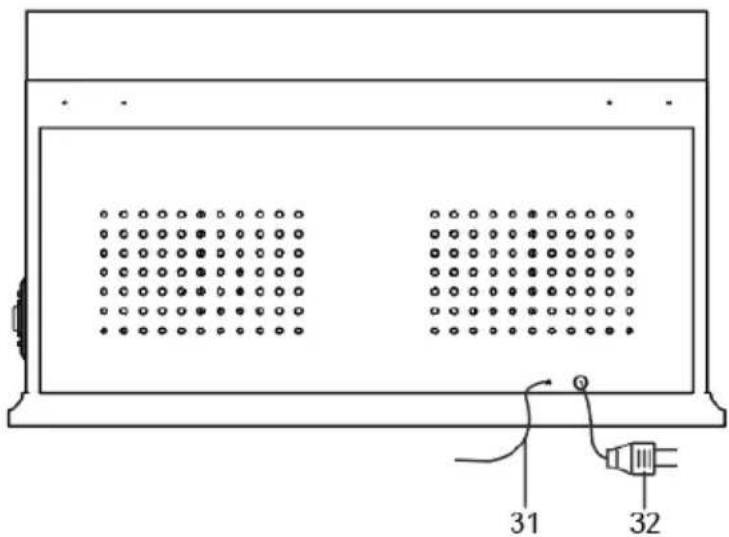 Technical diagram of a device panel with labeled components 31 and 32, showing dot patterns and a cable connection.