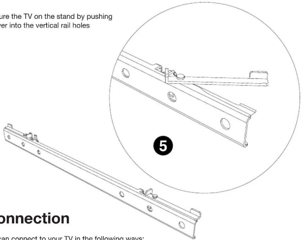 ure the TV on the stand by pushing er into the vertical rail holes connection can connect to your TV in the following ways:
