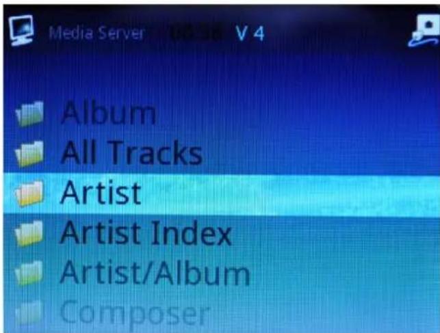 Media Server 00:36 V 4 Album All Tracks Artist Artist Index Artist/Album Composer