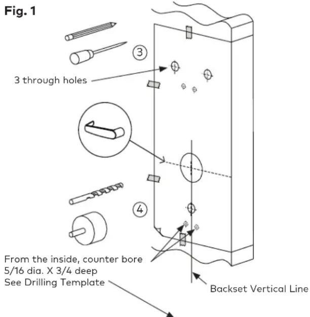 Fig. 1 3 through holes From the inside, counter bore 5/16 dia. X 3/4 deep See Drilling Template Backset Vertical Line