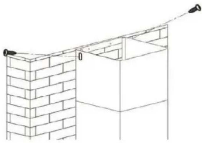 Line drawing of a brick wall structure with two hanging sensors and a vertical panel (no text or symbols)