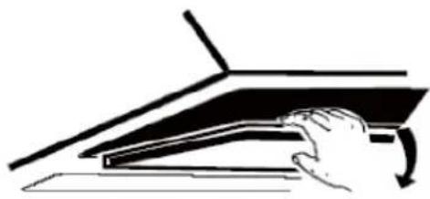Simple line drawing of a hand pressing down on a laptop keyboard (no text or symbols)