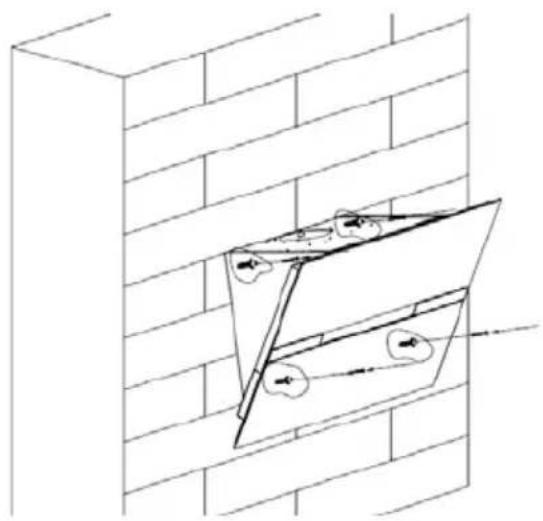 Technical line drawing of a wall corner with internal components and directional arrows (no text or symbols)