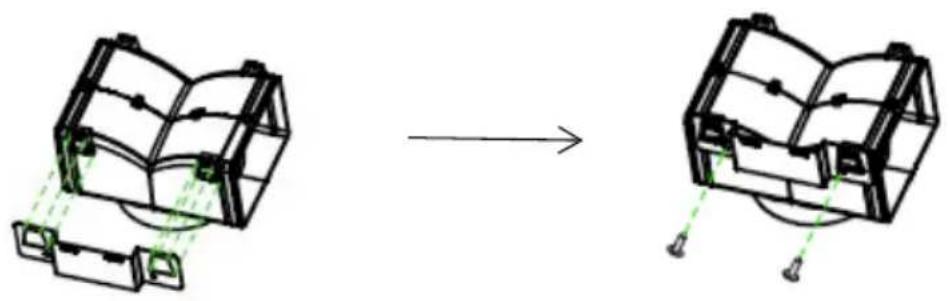 Diagram showing a device transformation from a rectangular frame to a circular housing, with green dashed lines indicating motion or alignment (no text or symbols present)