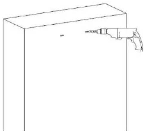Line drawing of a rectangular box with a hand holding a tool, no text or symbols present