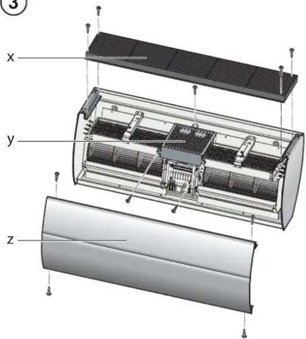 Technical diagram of an air conditioner unit with labeled components (x, y, z)