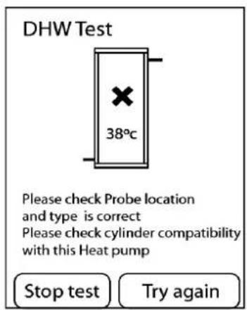 DHW Test 38°C Please check Probe location and type is correct Please check cylinder compatibility with this Heat pump Stop test Try again