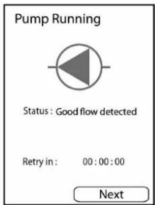 Pump Running Status: Good flow detected Retry in: 00:00:00 Next