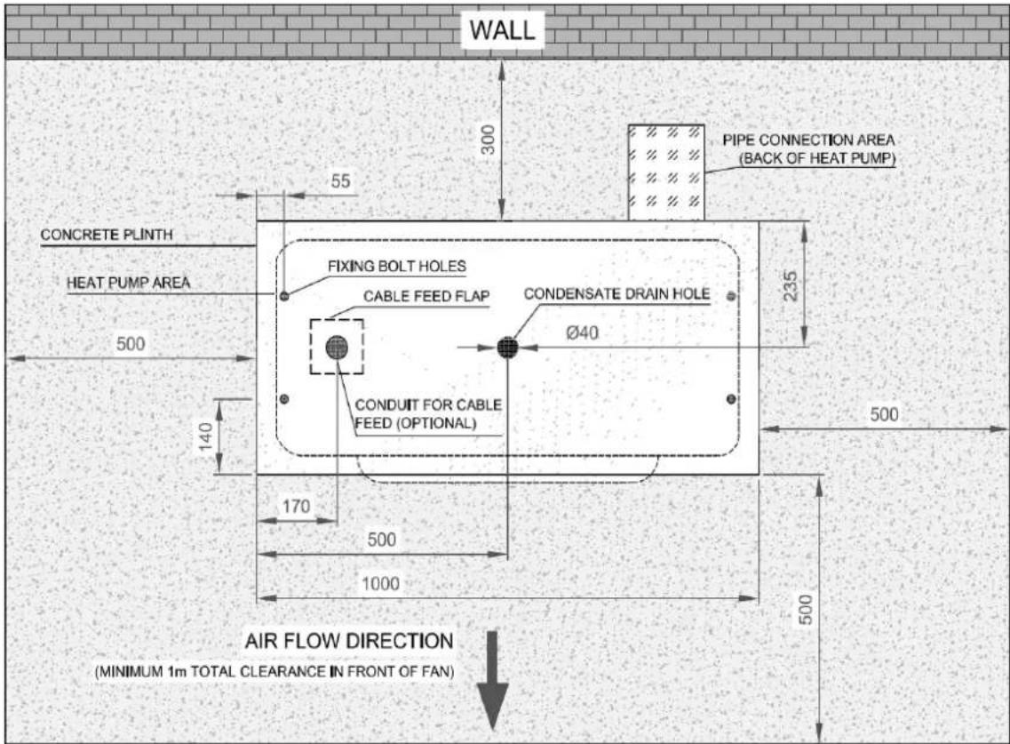 WALL 300 55 CONCRETE PLINTH HEAT PUMP AREA FIXING BOLT HOLES CABLE FEED FLAP CONDENSATE DRAIN HOLE Ø40 235 500 140 CONDUIT FOR CABLE FEED (OPTIONAL) 170 500 1000 500 AIR FLOW DIRECTION (MINIMUM 1m TOTAL CLEARANCE IN FRONT OF FAN)