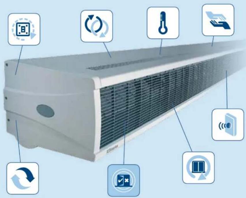 Diagram of a high-performance air conditioner unit with labeled sensor and control icons