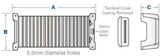 Terminal Cover Casting Removed 20mm -cable entry 5.5mm diameter holes A B C