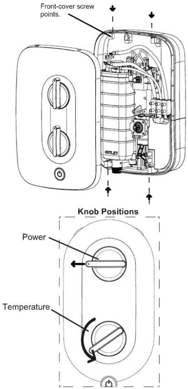 Front-cover screw points. OUTLET Knob Positions Power Temperature