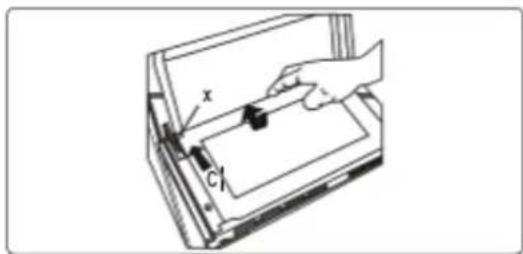 Diagram showing a hand holding a tool labeled 'x' and 'c1' inside a device or machine, with no readable text or symbols beyond the labels.