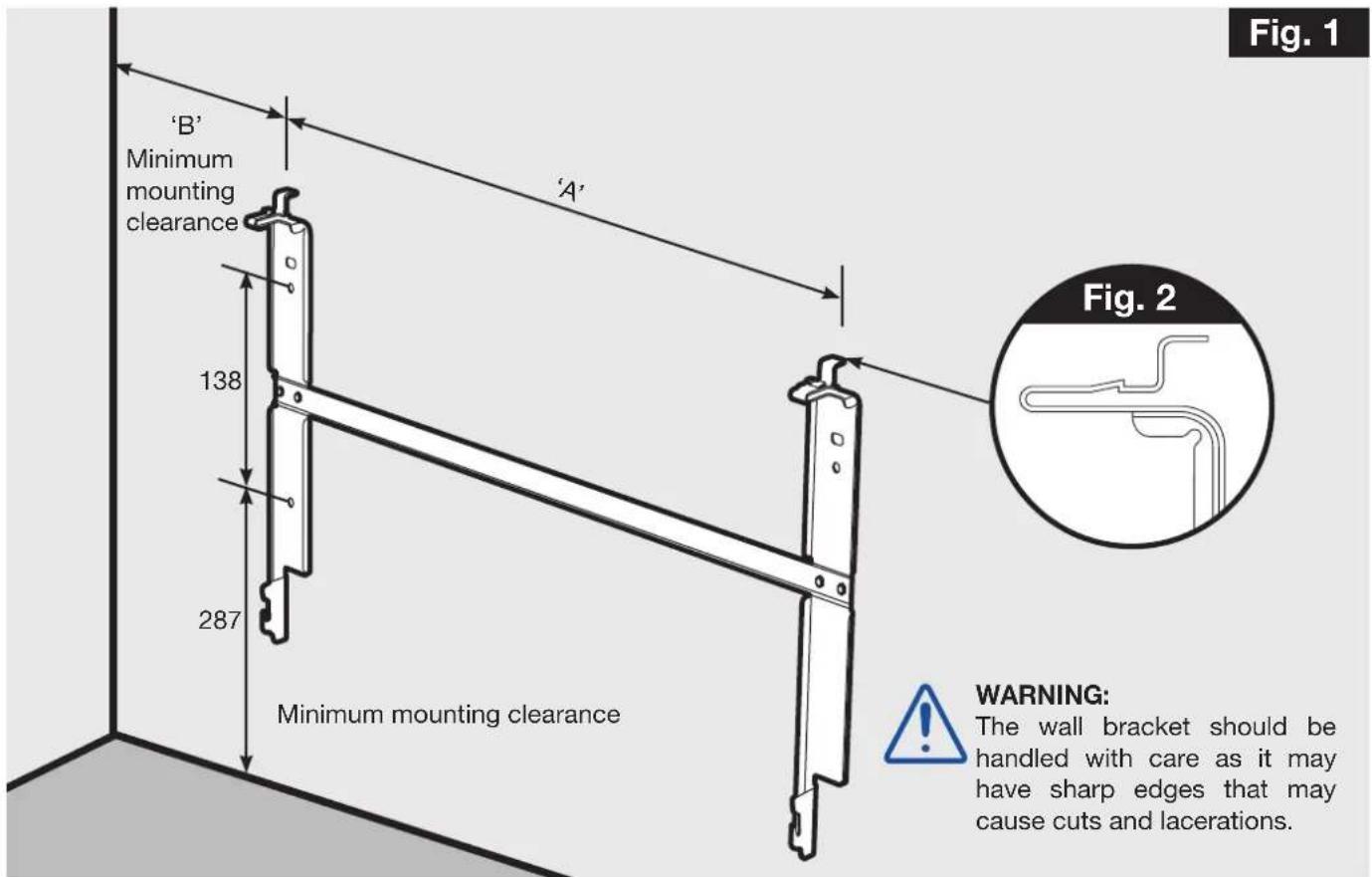 Fig. 1 'B' Minimum mounting clearance 'A' 138 287 Minimum mounting clearance Fig. 2 WARNING: The wall bracket should be handled with care as it may have sharp edges that may cause cuts and lacerations.