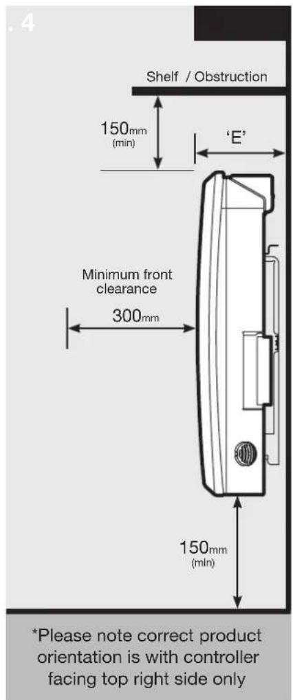 Shelf / Obstruction 150mm (min) 'E' Minimum front clearance 300mm 150mm (min) *Please note correct product orientation is with controller facing top right side only