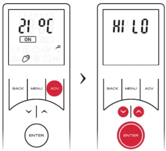 21 °C ON BACK MENU ADV ENTER HI LO BACK MENU ADV ENTER
