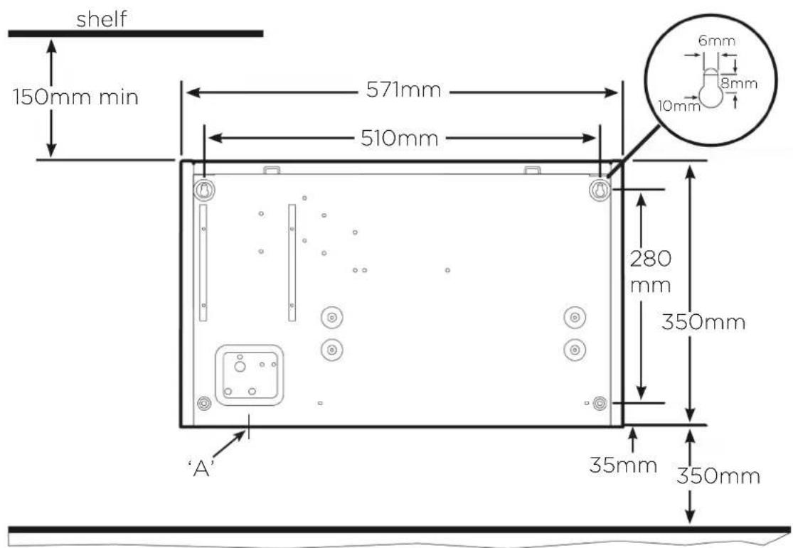 shelf 150mm min 571mm 510mm 280 mm 350mm 35mm 350mm 'A'