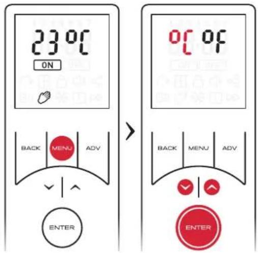 23°C ON BACK MENU ADV ENTER 0°C OF BACK MENU ADV ENTER