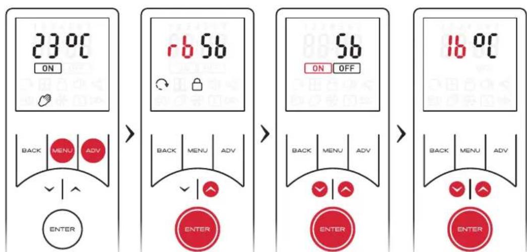 23°C ON r b 56 ON OFF BACK MENU ADV ENTER 16°C ON OFF BACK MENU ADV ENTER BACK MENU ADV ENTER ENTER