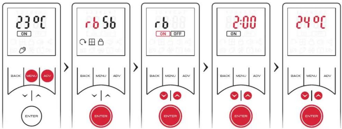 23°C ON rb 56 rb ON OFF 2:00 ON 24°C BACK MENU ADV ENTER BACK MENU ADV ENTER BACK MENU ADV ENTER BACK MENU ADV ENTER ENTER