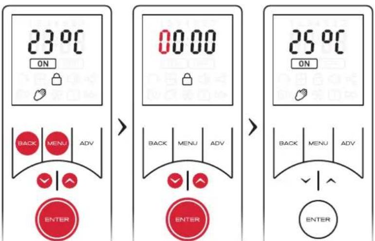 23°C ON 00:00 25°C ON BACK MENU ADV ENTER BACK MENU ADV ENTER BACK MENU ADV ENTER