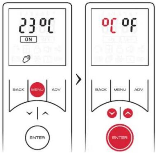 23°C ON BACK MENU ADV ENTER 0°C OF BACK MENU ADV ENTER