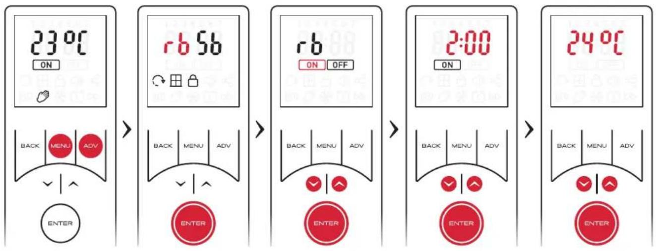 23°C ON RB SB ON OFF 2:00 ON 24°C BACK MENU ADV ENTER ENTER ENTER ENTER ENTER ENTER ENTER