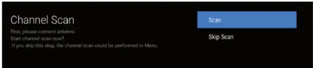 Channel Scan First, please connect antenna. Start channel scan now? If you skip this step, the channel scan could be performed in Menu.